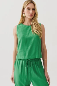 Conjunto de Blusa Regata Crop Pence e Calça Reta Cintura Elástico Laço