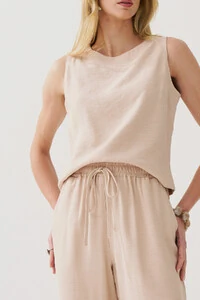 Conjunto de Blusa Regata Crop Pence e Calça Reta Cintura Elástico Laço