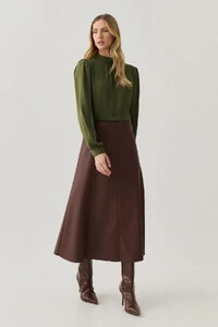 Saia Midi Evasê de Couro Recortes