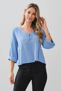 Blusa Manga 3/4 Punho Decote V Laço Recorte Busto