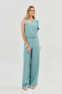 Conjunto de Alfaiataria de Blusa Assimétrica Alça Direita Gold Pregas e Pantalona