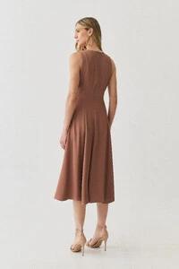 Vestido Midi Evasê Regata Assimétrico Pregas Ombro Esquerdo Gold