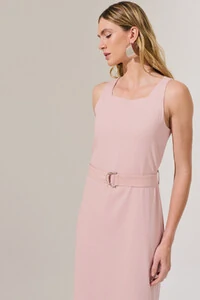 Vestido Midi Regata de Linho Decote Quadrado Fendas Laterais Cinto Fivela