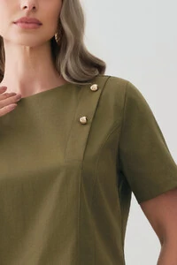 Conjunto de Alfaiataria de Blusa Crop Assimétrica Ombro Esquerdo Prega Gold Double e Calça Reta