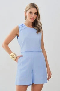 Conjunto de Linho de Blusa Regata Ombro Pregas e Shorts