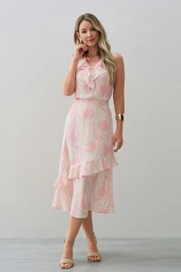 Conjunto Folhagem Poa de Blusa Regata Decote V Babado Laço e Saia Midi Babado Assimétrico