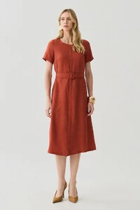 Vestido Midi Cinto Fivela Forrada