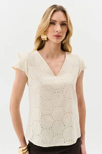 Blusa de Laise de Algodão Manga Tulipa Decote V