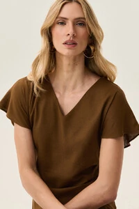 Vestido Midi Assimétrico de Linho Manga Morcego Decote V Lateral Pregas