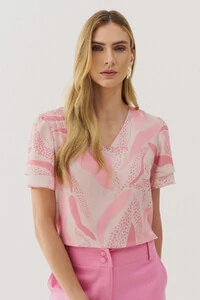 Blusa Folhagem Manga Dupla Decote V