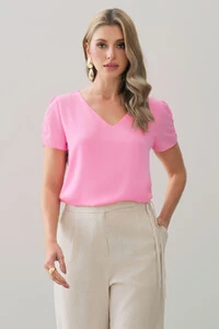 Blusa Manga Franzida Elástico Decote V