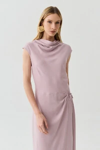 Vestido Midi Regata Transpassado Gola Drapeada Laço Lateral Drapeada