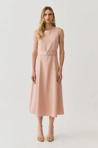 Vestido Midi Evasê Regata de Alfaiataria Recortes Cinto Fivela Gold