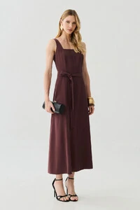 Vestido Midi de Alça Larga de Alfaitaria Decote Quadrado Recortes Cinto