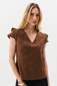 Blusa de Laise de Algodão Manga Tulipa Decote V