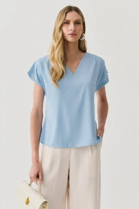 Blusa Manga Morcego Decote V Ombro Pregas Double