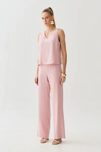 Conjunto de Blusa Regata Decote V Lateral Mini Botões Triple e Calça Reta