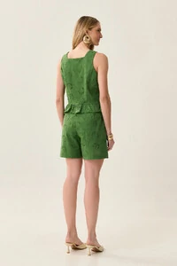 Conjunto de Laise de Algodão de Blusa regata Crop Decote Quadrado Babado e Shorts Pregas Double