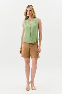 Camisa Regata Decote V Ombro Pregas Double Mini Botões Forrados