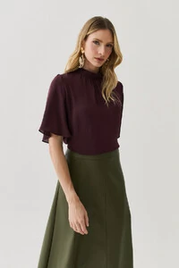 Blusa Manga Evasê Gola Baixa Pregas Triple Franzido