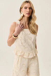 Conjunto de Laise de Algodão de Blusa regata Crop Decote Quadrado Babado e Shorts Pregas Double