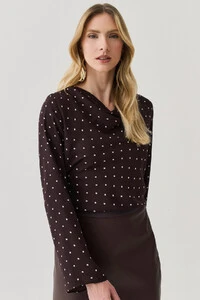 Blusa Poa Manga Longa Evasê Gola Drapeada