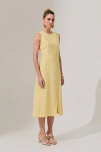 Vestido Midi Regata de Alfaiataria Recortes Cinto Fivela Forrada Fenda Frontal