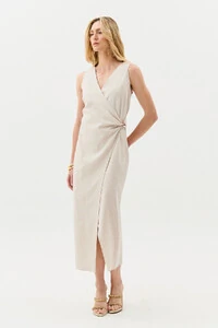 Vestido Midi Regata Transpassado de Linho Lateral Franzida Gold