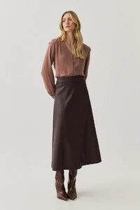 Saia Midi Evasê de Couro Recortes