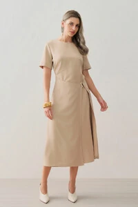 Vestido Midi de Alfaiataria Assimétrico Transpassado Pregas Gold