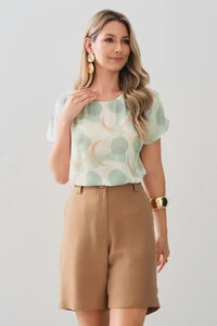 Blusa Abstrata Manga Morcego Ombro Pregas Double