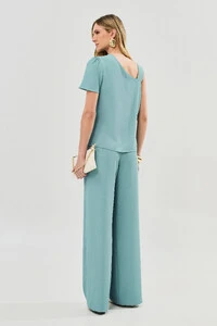 Conjunto de Alfaiataria de Blusa Assimétrica Alça Direita Gold Pregas e Pantalona