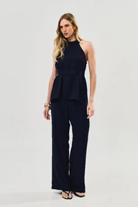 Conjunto de Blusa Regata Frente Única Faixa e Pantalona Nervura