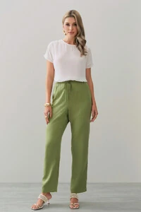 Calça Reta Cintura Elástico Laço