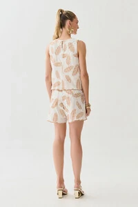 Conjunto de Algodão Bordado Folhagem de Blusa Regata Barrada e Shorts Barrado