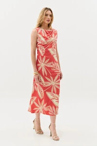 Vestido Midi Regata Assimétrico Drapeado Folhagem Ombro Lateral Franzidos