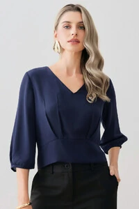 Blusa Crop Manga 3/4 Decote V Cintura Pregas Double