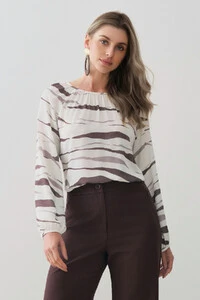Blusa Zebra Abstrata Manga Longa Raglan Decote Franzido