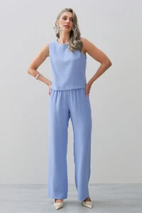 Conjunto de Blusa Regata Crop Pence e Calça Reta Cintura Elástico Laço