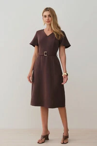Vestsido Midi Decote V Cinto Fivela Gold