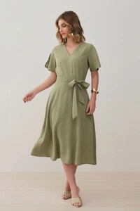 Vestido Midi Evasê Manga Abertura Decote V Cinto