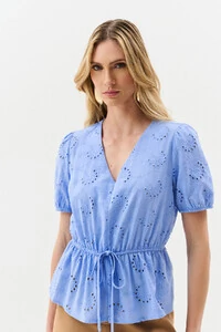 Blusa de Laise de Algodão Manga Bufante Elástico Decote V Cintura Elástico Laço