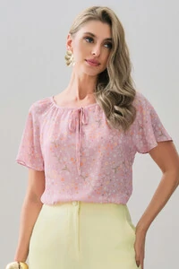 Blusa Floral Manga Raglan Decote Laço