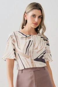 Blusa Abstrata Manga Evasê Decote Franizido