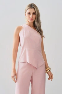 Conjunto de Blusa Regata Assimétrica Um Ombro Só Recorte Cintura e Calça Wide Leg Botão Forrado