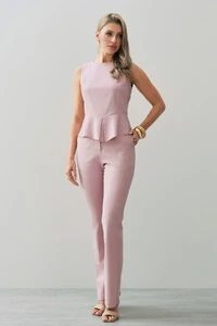 Conjunto de Linho de Blusa Regata Barra Recorte Prega e Calça Reta Botão Forrado