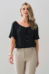 Blusa Manga Raglan Decote Canoa Laço Puxante Ponteira Gold