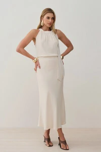 Conjunto de Blusa Regata Frente Única Laço e Saia Midi Evasê