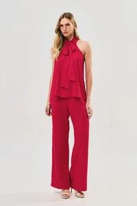Conjunto de Blusa Regata Frente Única Faixa e Pantalona Nervura