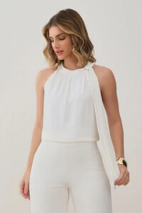 Conjunto de Blusa Regata Frente Única Laço e Calça Pantalona Slim